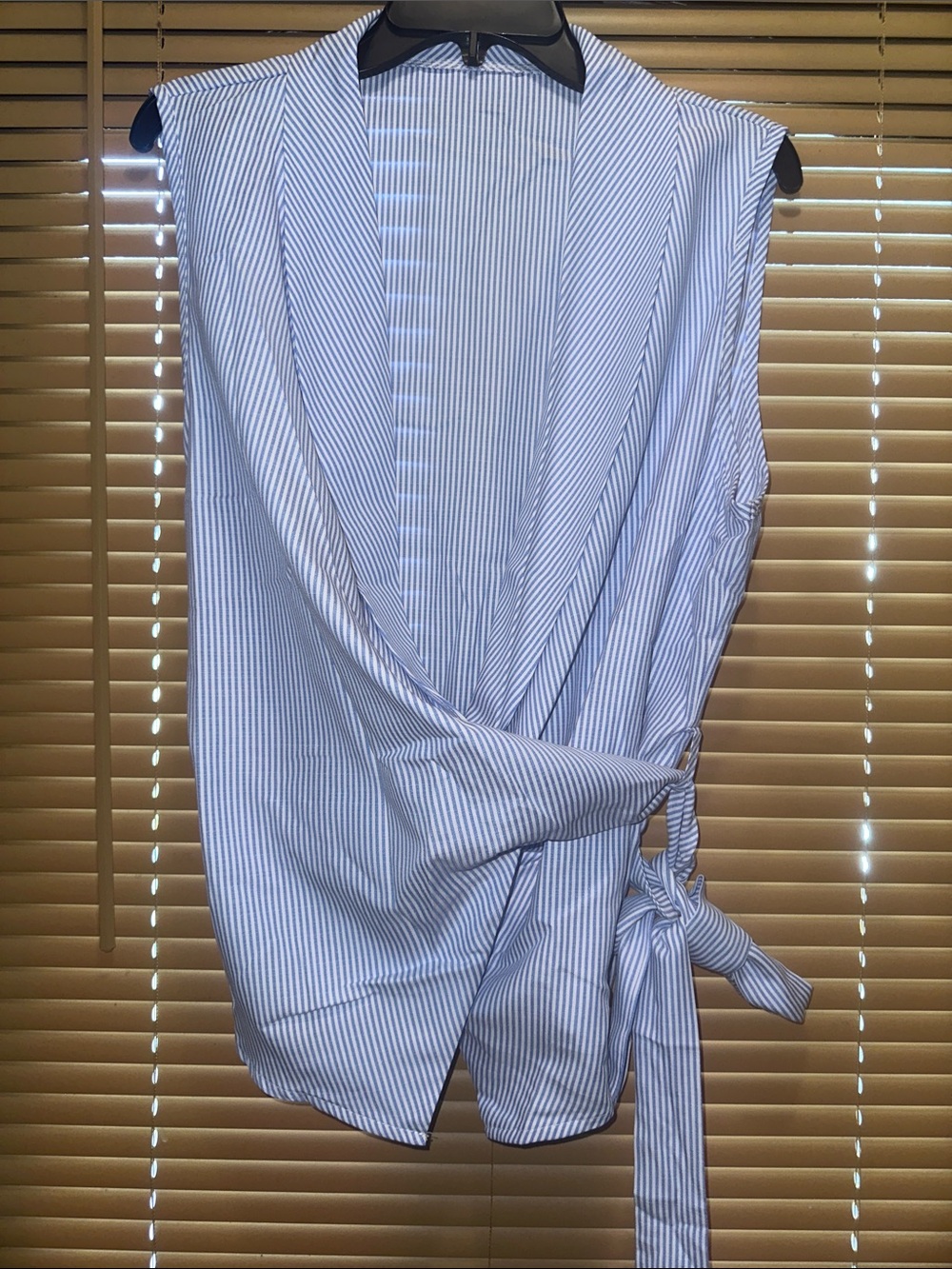 SHEIN Blue and White Pinstripe Wrap Sleeveless Blouse